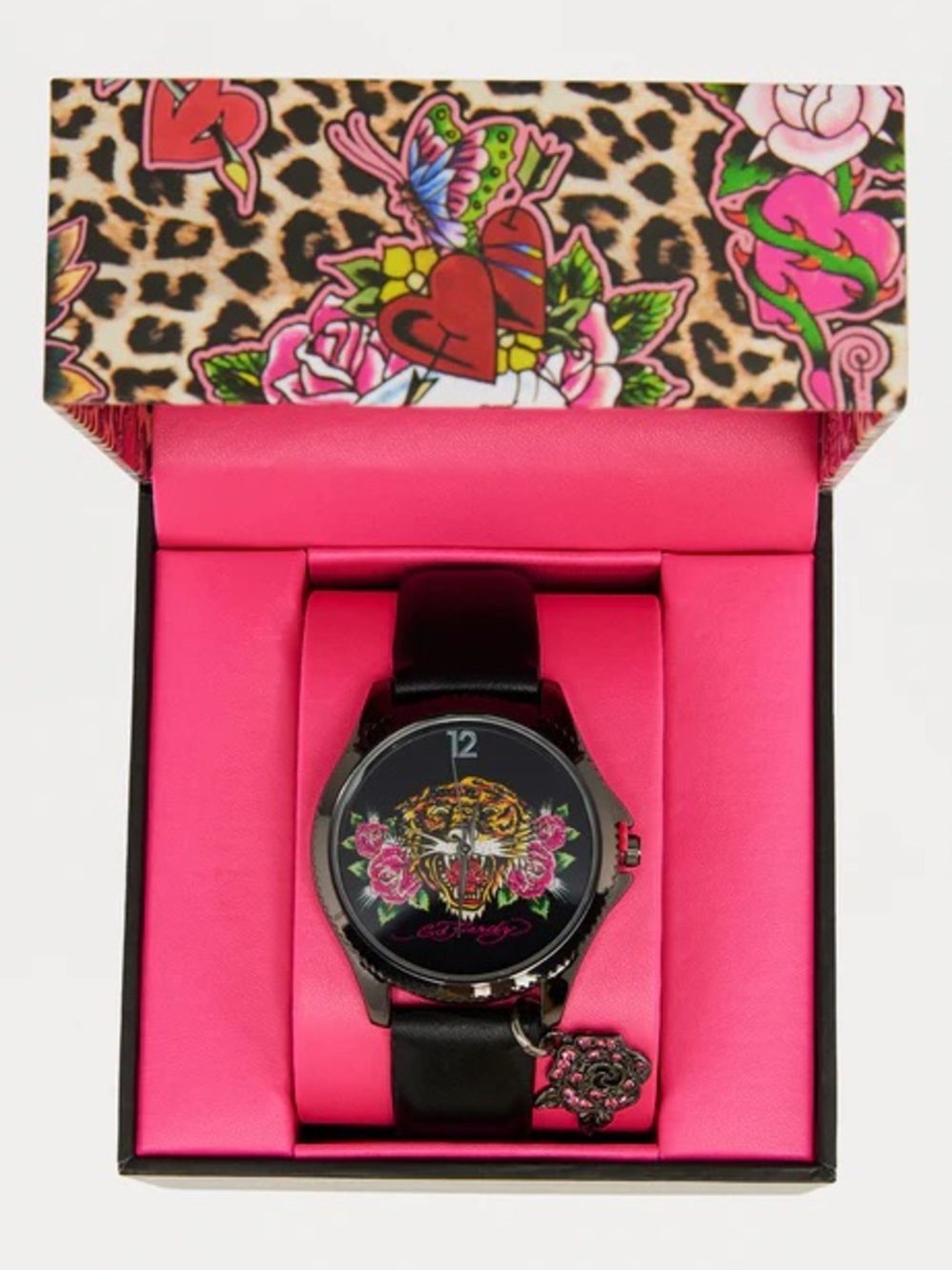•Tiger Rose• Ed Hardy Black Dial Gunmetal Case Leather Strap Y2K Tattoo Watch - Picture 5 of 5